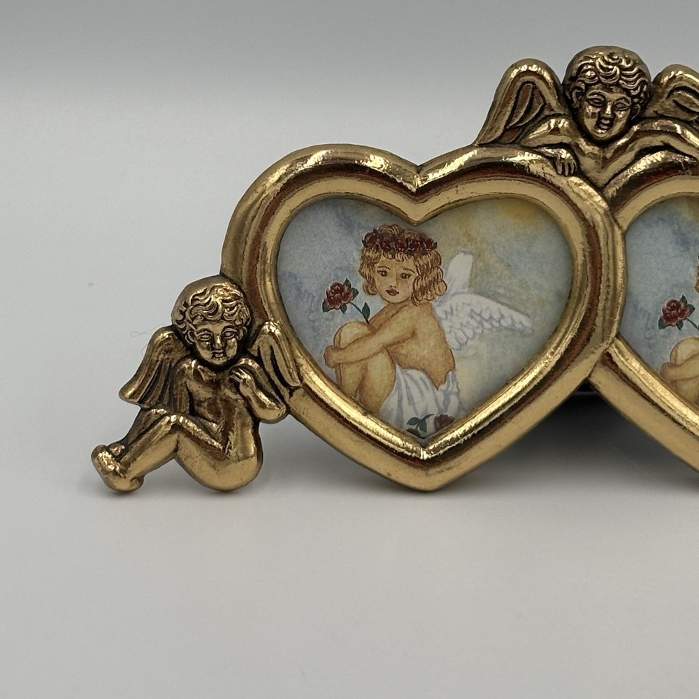 Vintage Brass Angels Trio Twin Heart Picture Frame Cherub Photo Holder Barouque - Picture 3 of 13